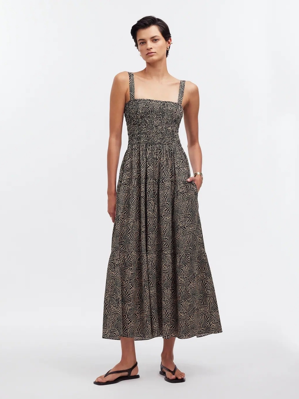Madewell Smocked Square-Neck Maxi Dress in Black and Cream